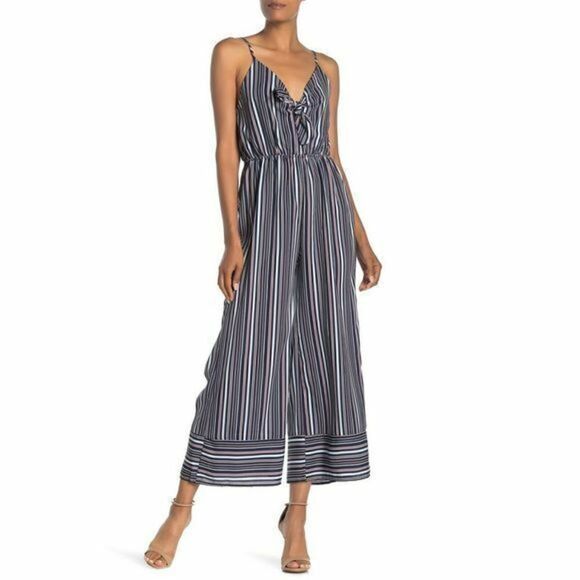 C-213 Nimi K Papillon Bow Front jumpsuit NAVY STRIPE size L - Picture 1 of 2